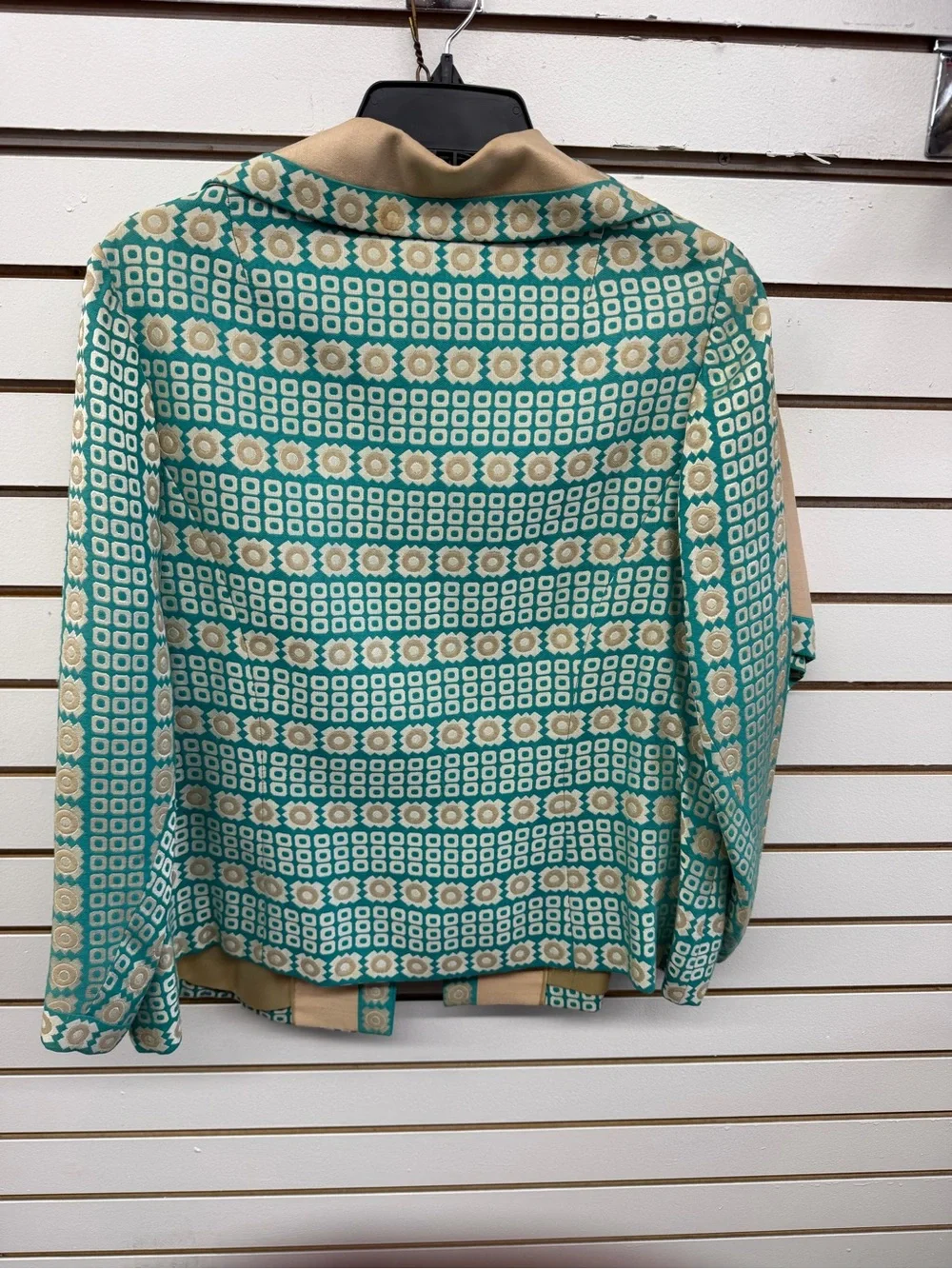 Vintage Jacket & Blouse Set Turquoise Cream Geometric Open Front Women’s